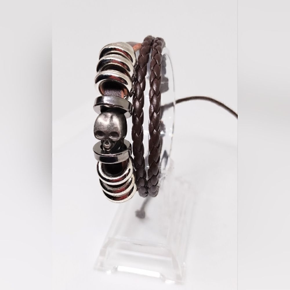 Men's bracelet leather‎ skull braided layered brown new e15
